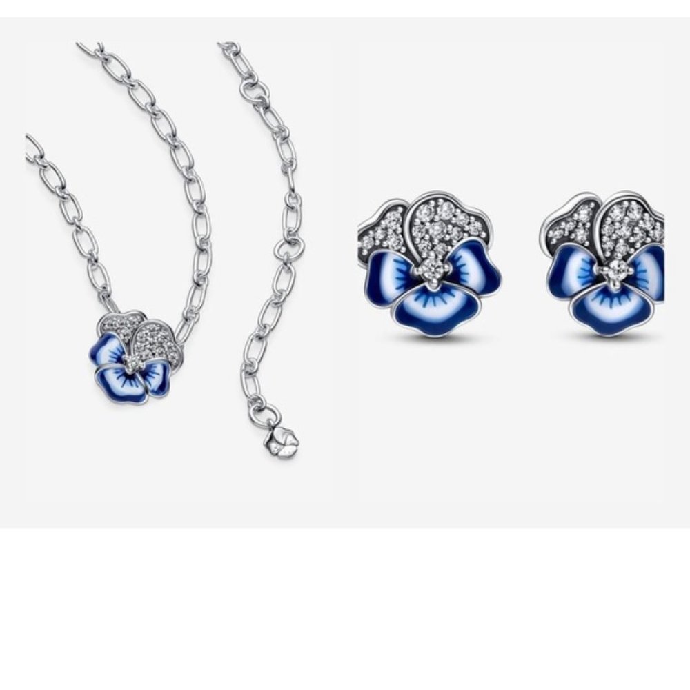 🆕Blue Pansy Flower Pendant Necklace and Earrings